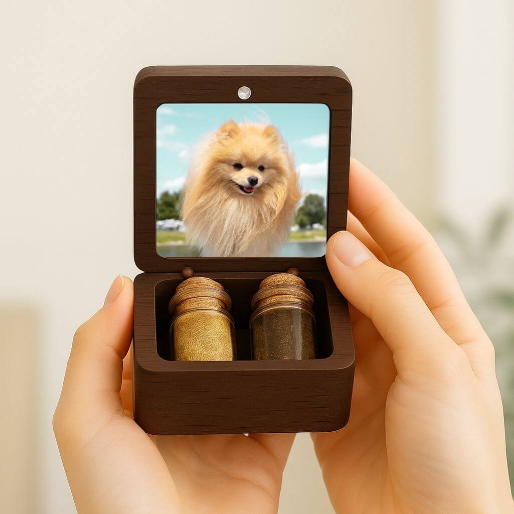 Gepersonaliseerd houten aandenken voor hond - bewaardoos met 2 glazen buisjes voor as & vacht, met foto, naam, data & eerbetoon