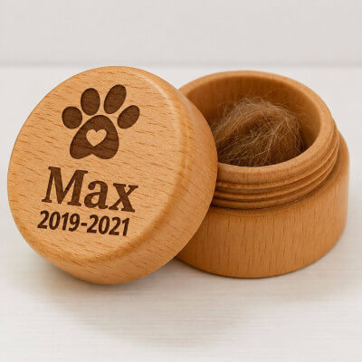 Rond houten aandenken voor hond - bewaardoosje...