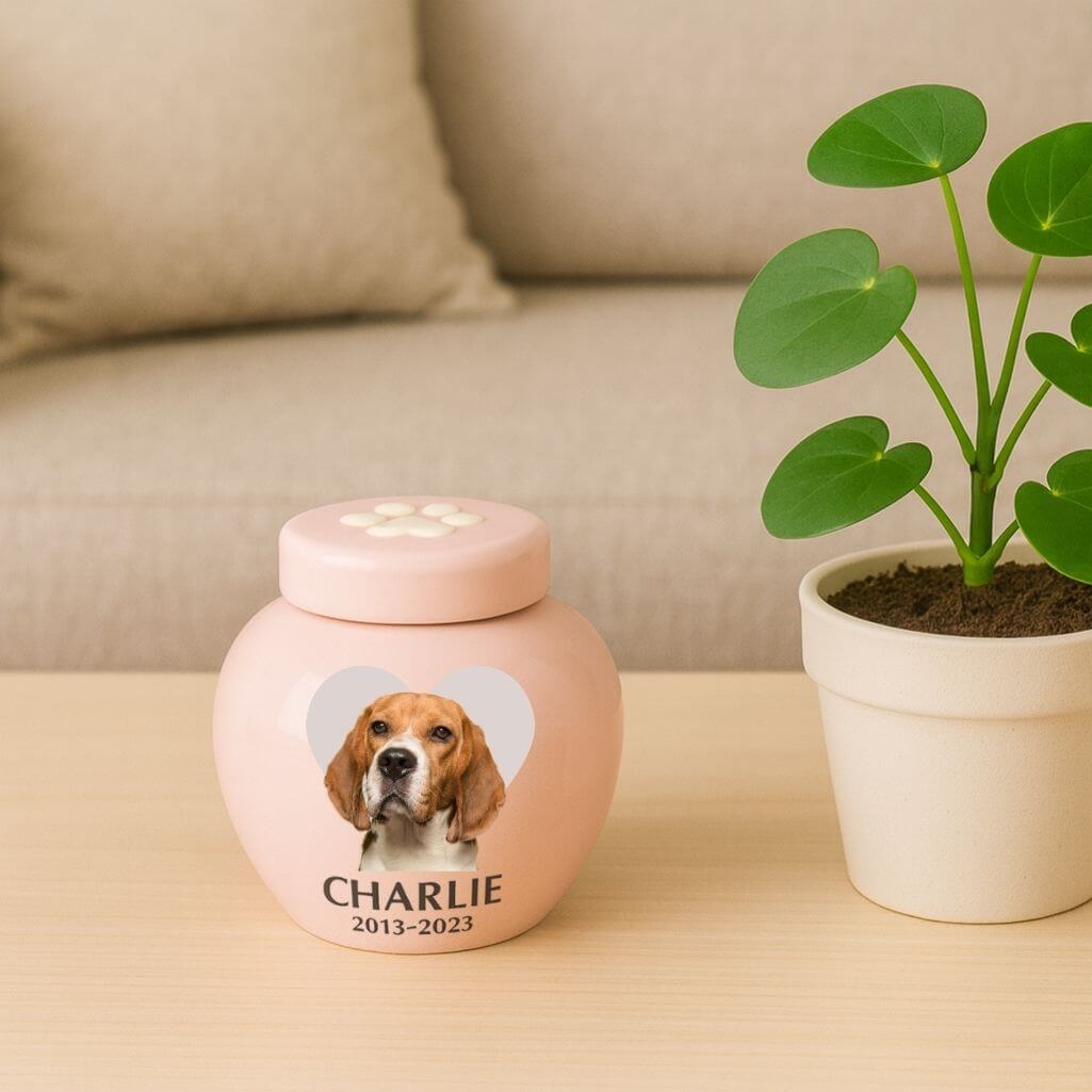Gepersonaliseerde hondenurn van keramiek - met foto, naam, data en een hartvormig eerbetoon voor asbewaring