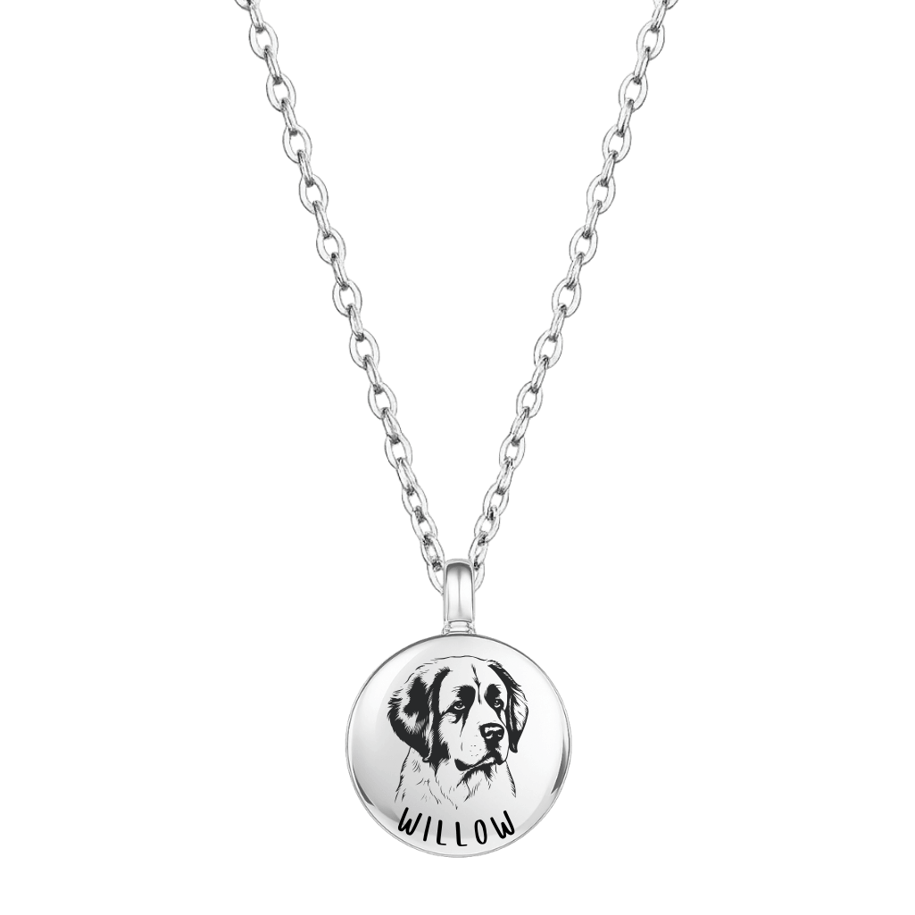 Personalised Dog Memorial Round Urn Necklace – Engraved Pet Picture-to-drawing Ashes Keepsake with Name