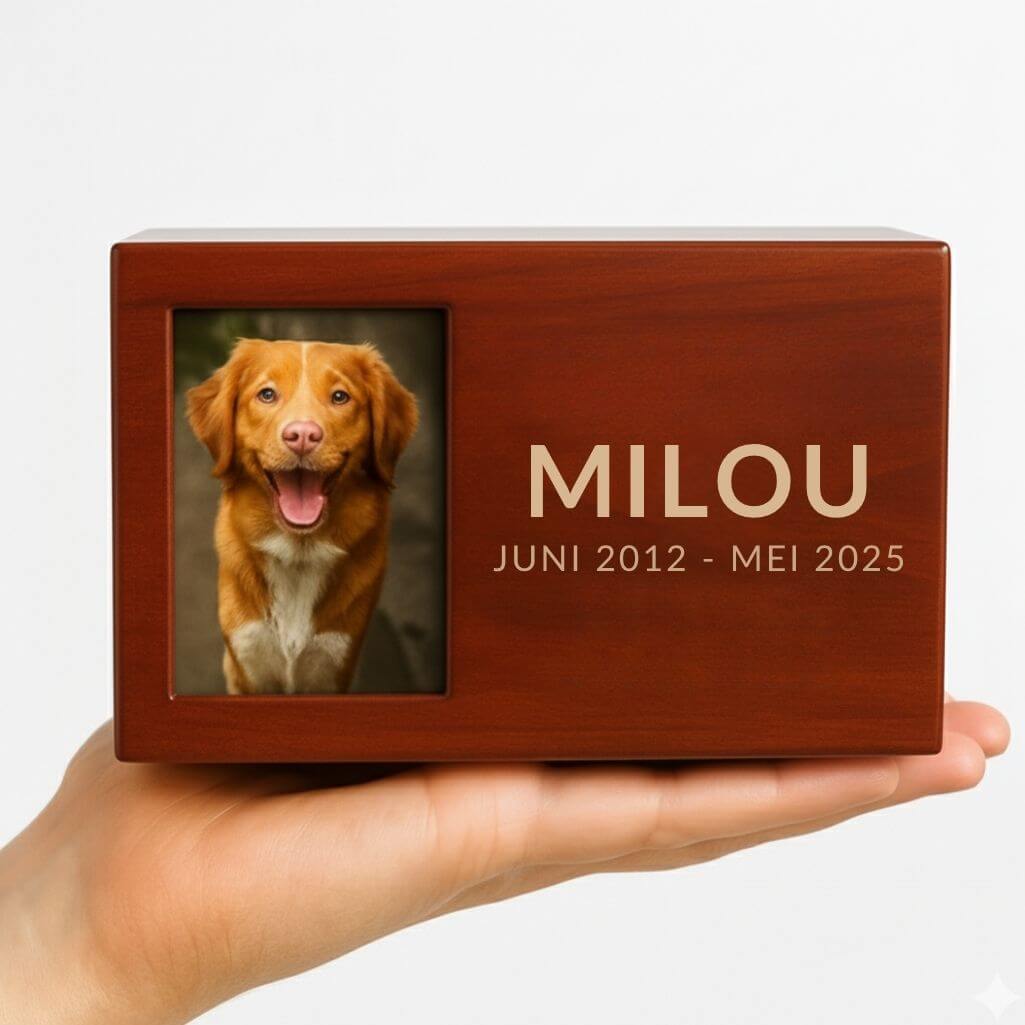 Personalised Wooden Dog Urn Box with Photo – Engraved Memorial Box for Ashes with Name & Dates