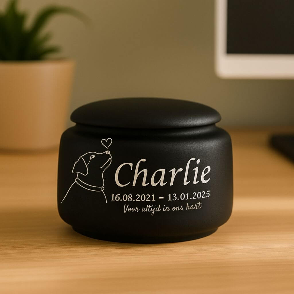 Gepersonaliseerde urn van keramiek voor honden - met naam, data, subtiele hondenillustratie en eerbetoon voor asbewaring
