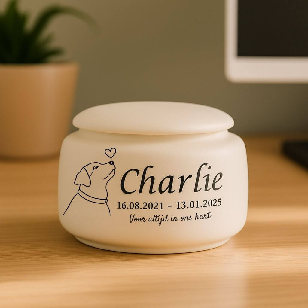 Gepersonaliseerde urn van keramiek voor honden - met naam, data, subtiele hondenillustratie en eerbetoon voor asbewaring