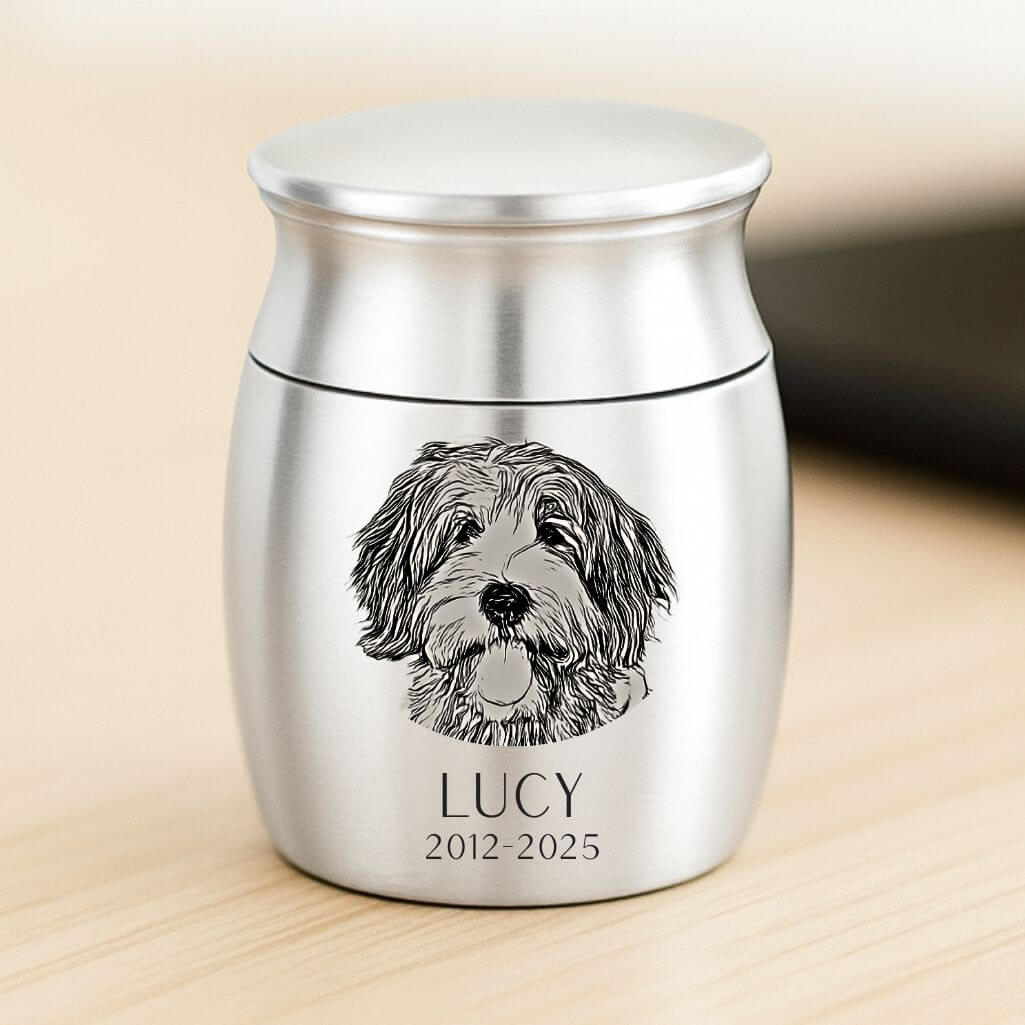 Gepersonaliseerde mini-urn voor honden - met gegraveerde afbeelding, naam en data als herinnering