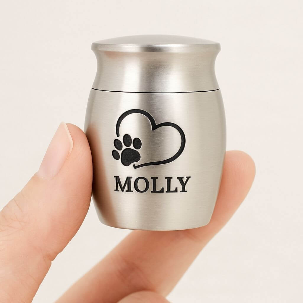 Gepersonaliseerde mini-urn voor honden - met gegraveerde fototekening op deksel en naam als herinnering