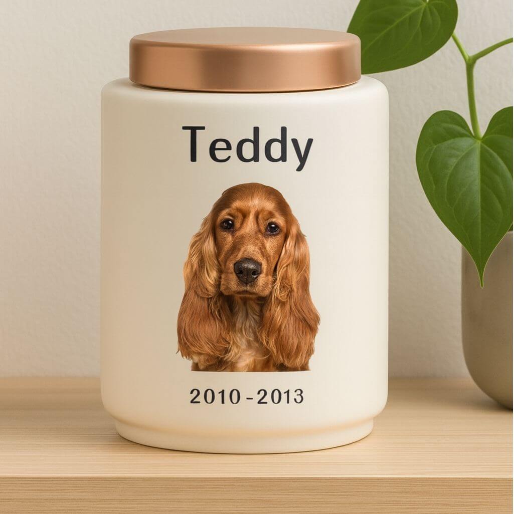 Personalised Ceramic Dog Urn with Photo –  Pet Cremation Urn for Ashes with Name, Dates & Stainless Steel Lid