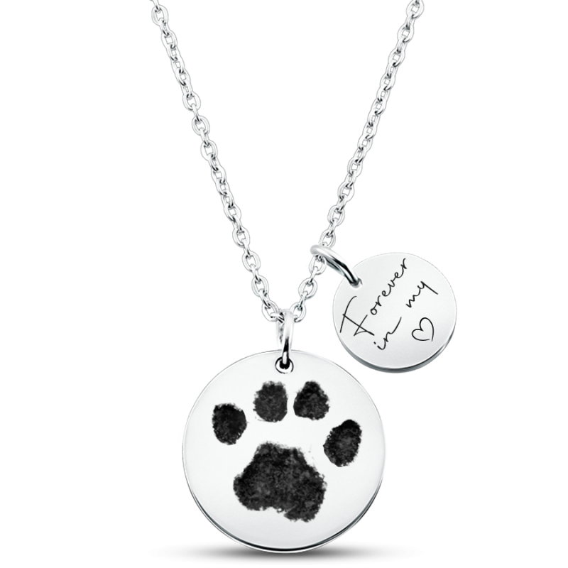Gepersonaliseerde gedenkketting voor hond - 2 bedels met pootafdruk, naam en data gegraveerd