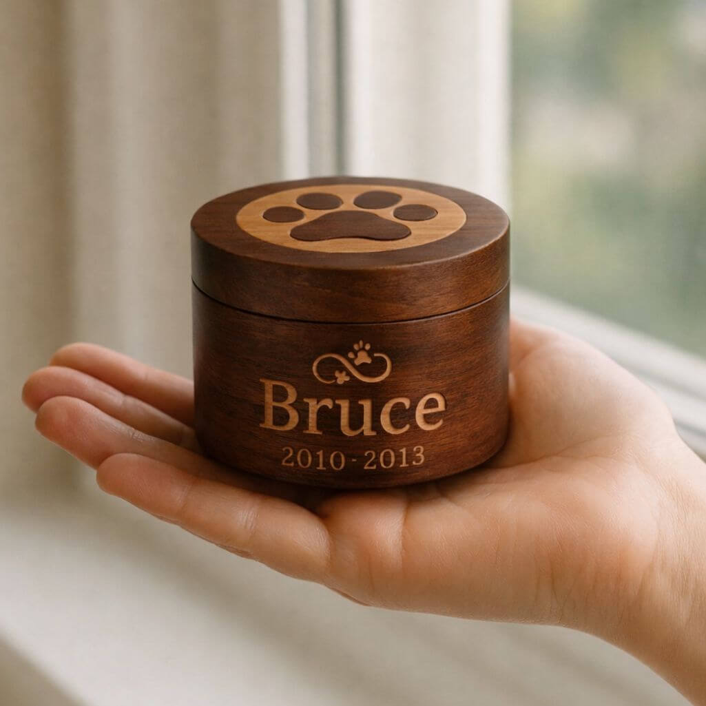 Gepersonaliseerde houten hondenurn - infinity hart met pootafdruk, gegraveerde naam en data voor asbewaring