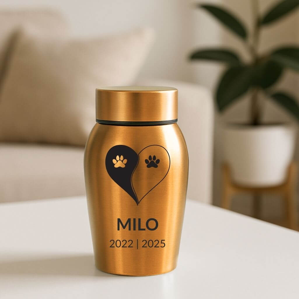 Personalised Dog Urn with Engraved Name, Dates & Yin Yang Paw Design  – Pet Memorial Stainless Steel Urn
