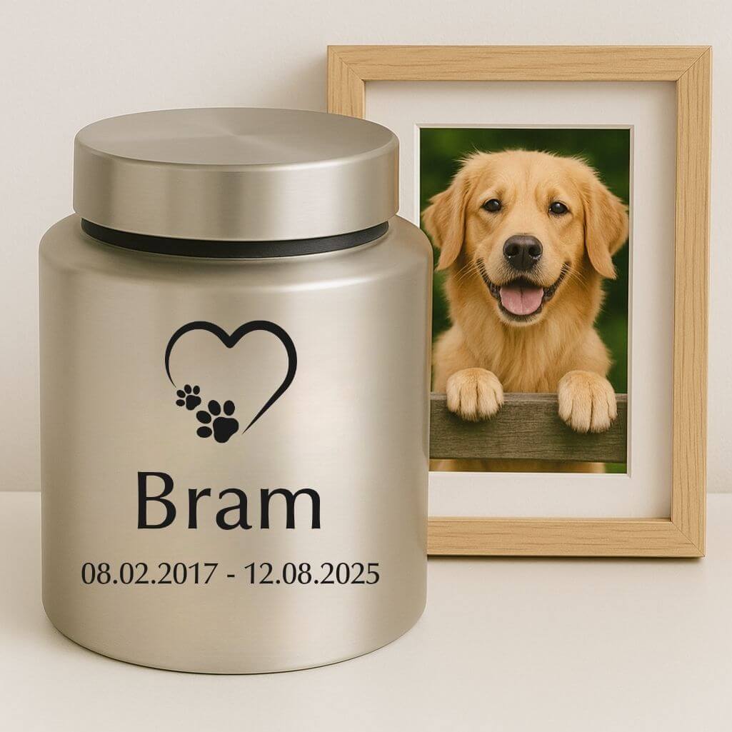 Personalised Dog Urn – Engraved Stainless Steel Memorial Urn  with Heart Paw Icon, Name & Dates