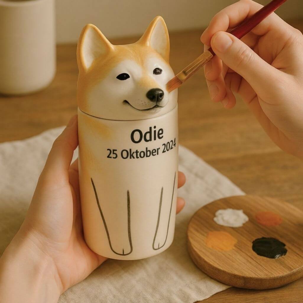 Personalised Handmade Ceramic Dog Urn by Breed – Custom Memorial Urn with Painted Portrait & Open Eyes  Design