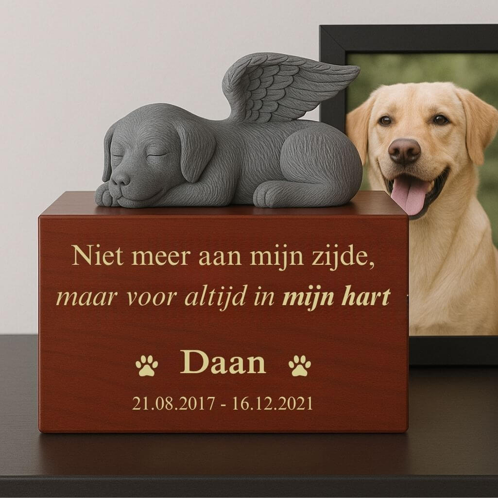 Personalised Wooden Dog Urn Box with Angel Dog Statue –  Pet Cremation Urn for Ashes with Name, Dates & Tribute