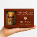 Personalised Wooden Dog Urn Box with Photo – Engraved Memorial Box for Ashes with Name, Dates & Tribute