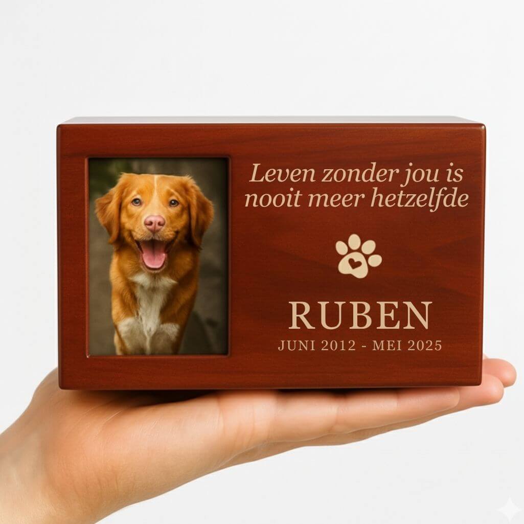 Personalised Wooden Dog Urn Box with Photo – Engraved Memorial Box for Ashes with Name, Dates & Tribute