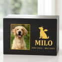 Personalised Black Wooden Dog Urn with Photo – Custom Memorial Box with Angel Icon, Name & Dates