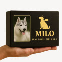 Personalised Black Wooden Dog Urn with Photo – Custom Memorial Box with Angel Icon, Name & Dates