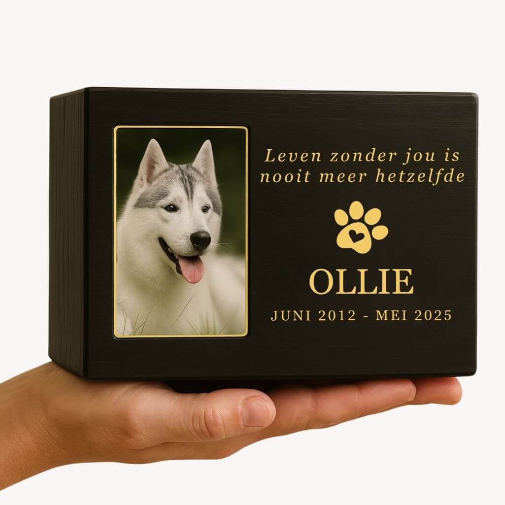 Personalised Black Wooden Dog Urn with Photo – Custom Memorial Box with Name, Dates & Tribute