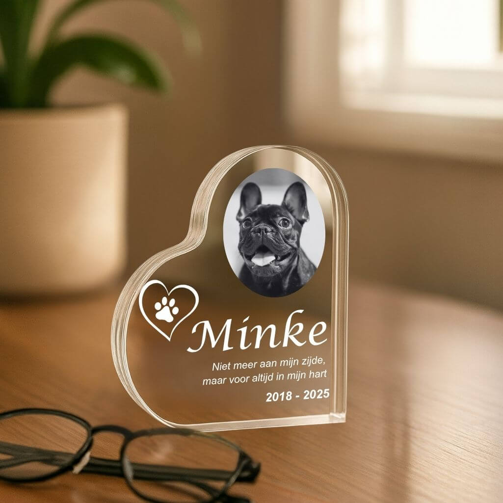Personalised Dog Memorial Photo Gift –  Heart-Shaped Pet Memorial Acrylic Plaque with Engraved Name, Dates & Tribute