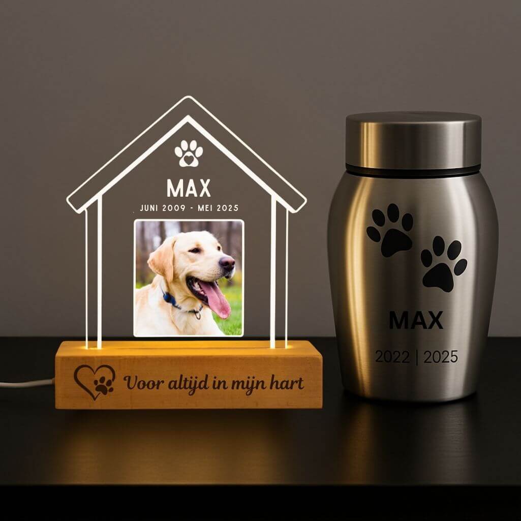 Personalised Dog Memorial Light with Photo – House-shaped LED Pet Tribute Lamp with Engraved Name & Dates on Acrylic Plaque