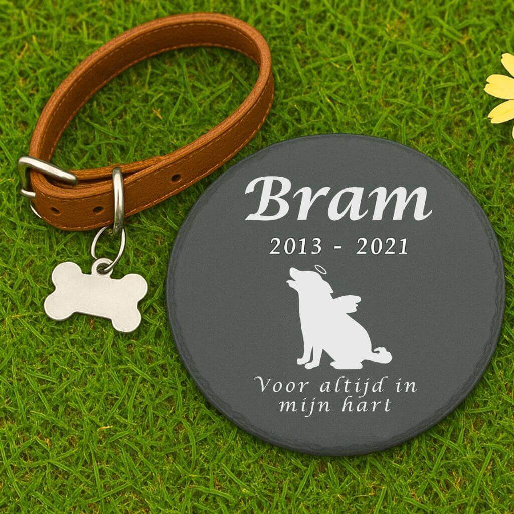 Personalised Round Dog Grave Marker – Slate Pet Memorial Garden Plaque with Dog Name, Dates, Tribute & Dog Angel Design