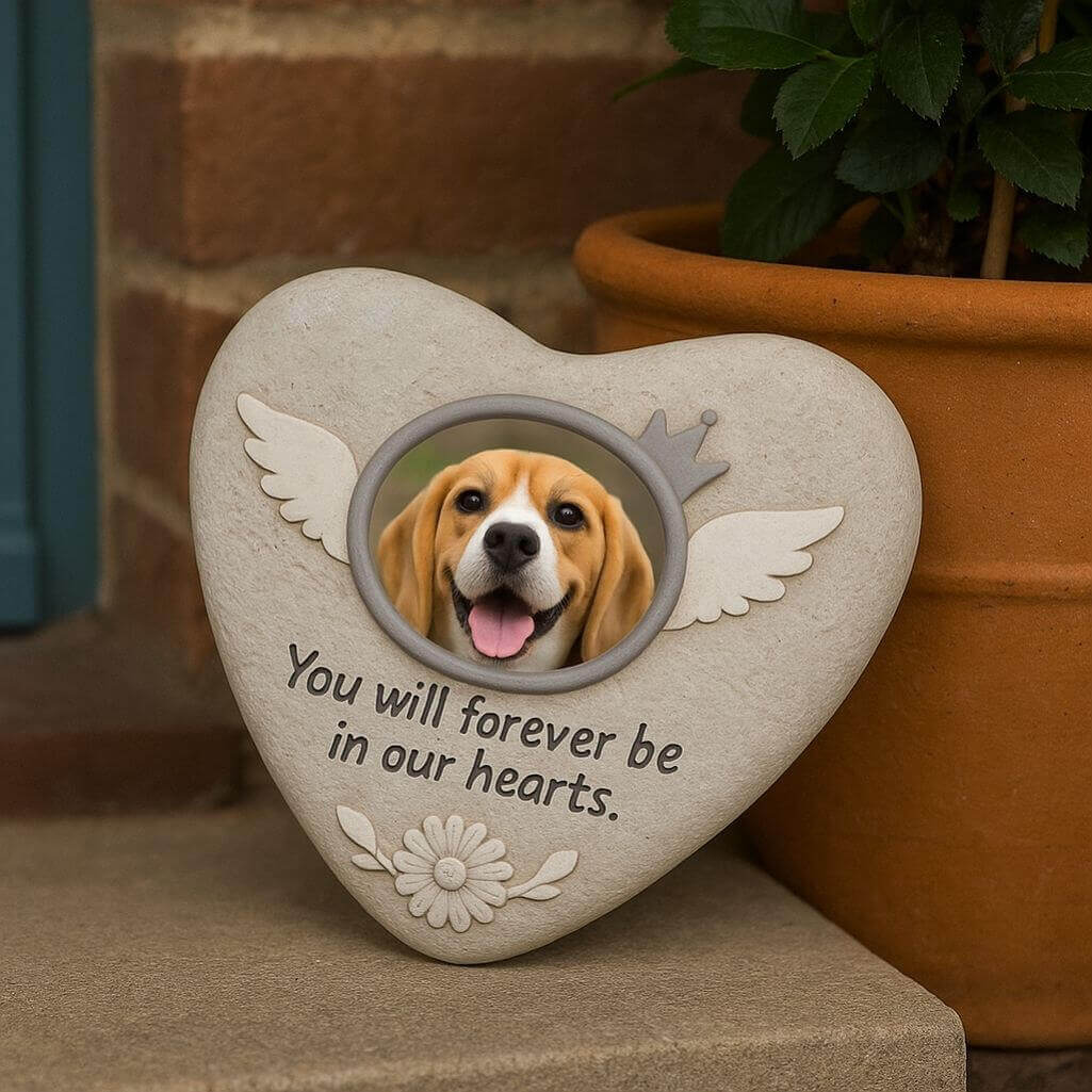 Heart-Shaped Dog Memorial Stone with Photo – Weatherproof Resin Grave Marker for Outdoor Display
